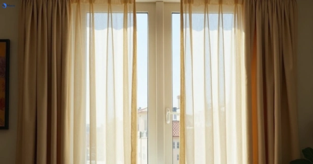 Dull dusty drapes in sandstone-point before professional cleaning